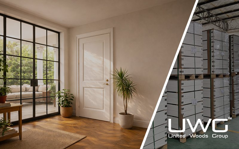 Sunlight entering a room through large windows onto an interior door