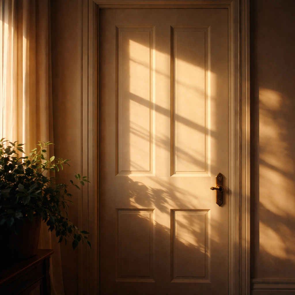 Dusk entering a room through large windows onto an interior door
