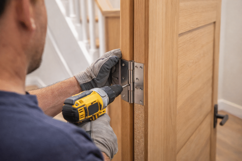 Installing a solid core door with heavy-duty hinges in a residential project