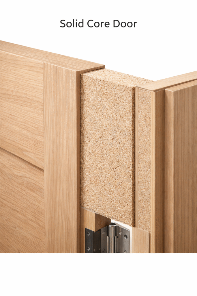 Solid core door construction showing dense engineered wood core structure