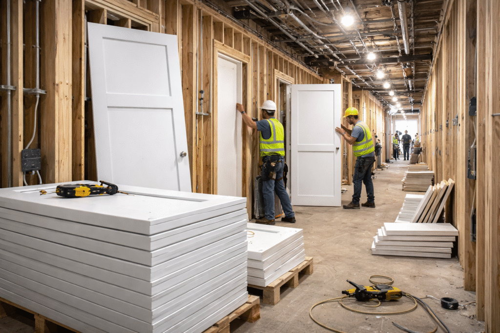 The worker is installing the door