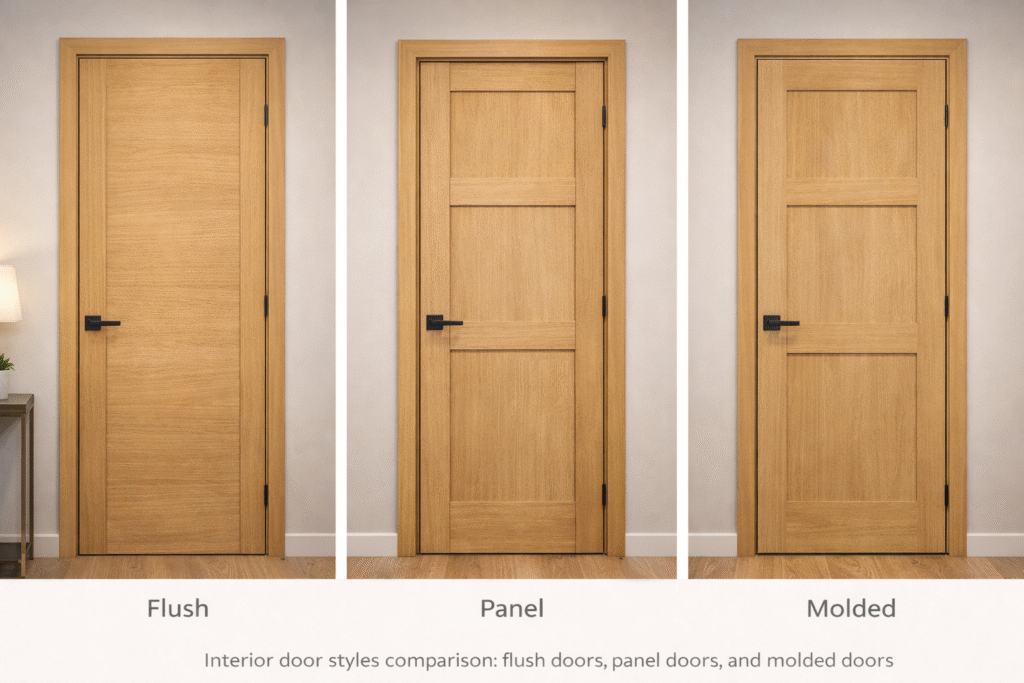 Interior door styles comparison flush doors,panel doors, and molded doors