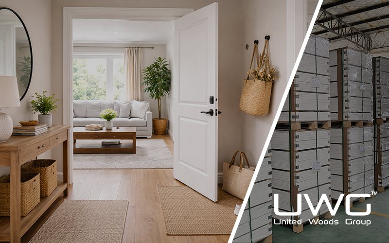 Bright hallway with white door opening into a cozy living room