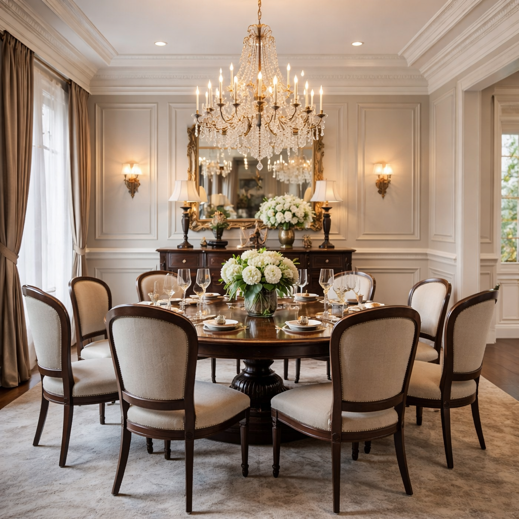 Classic dining room with raised panel wainscoting
