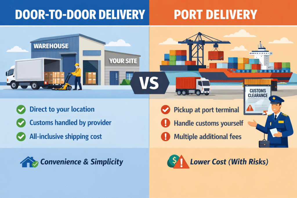 Door-to-door delivery vs port delivery comparison info graphic