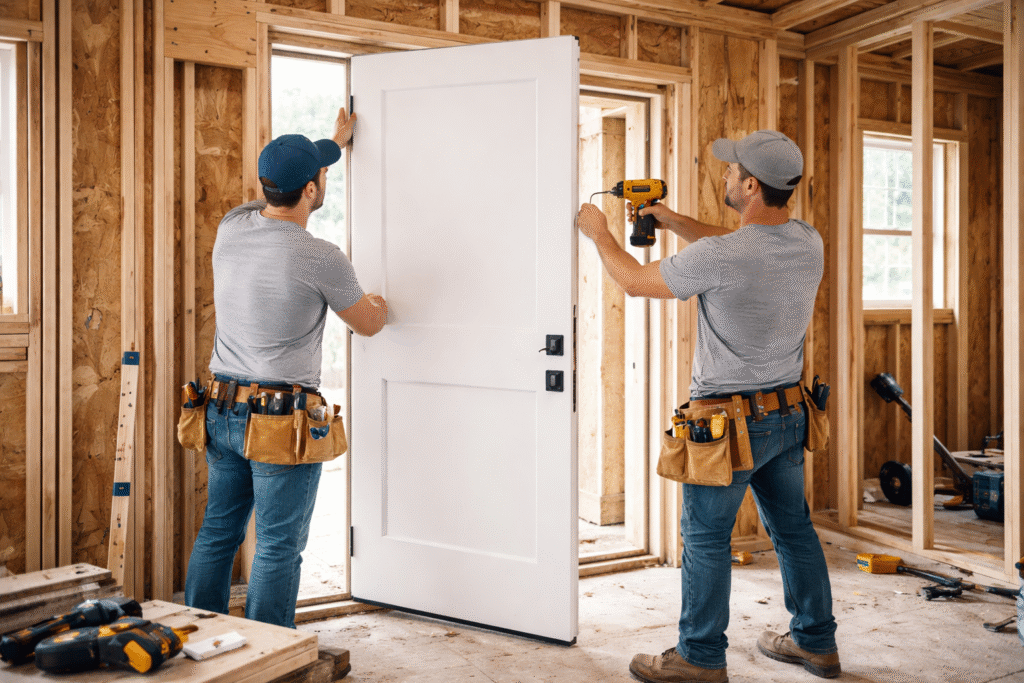 Installing doors at the construction site