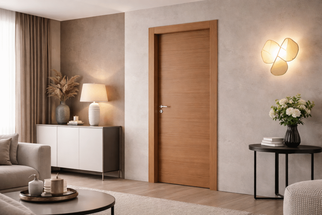 Modern wooden interior door in a minimalist living room with neutral decor