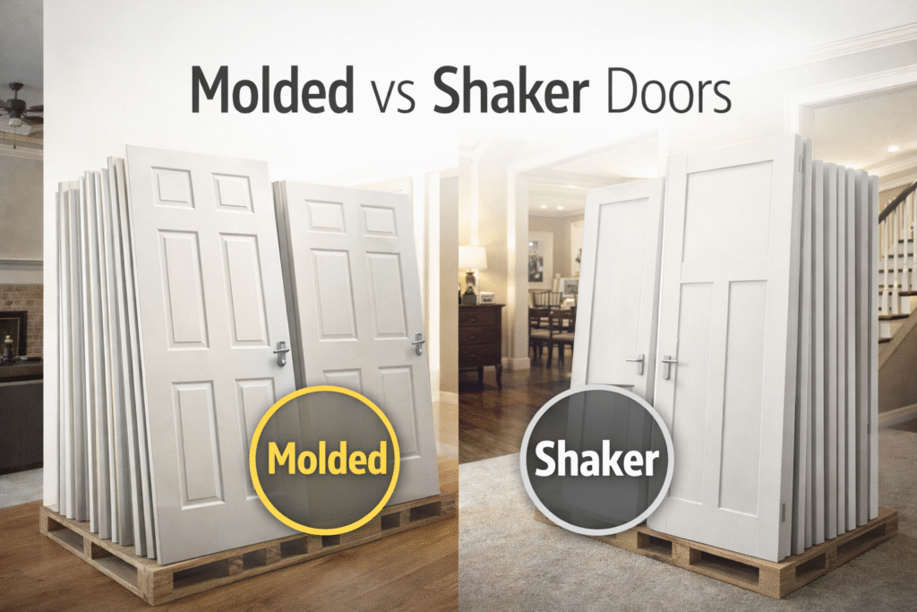 Molded vs shaker interior doors displayed on pallets for comparison