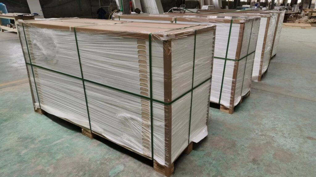 Prehung doors packaged on pallets and loaded onto a delivery truck